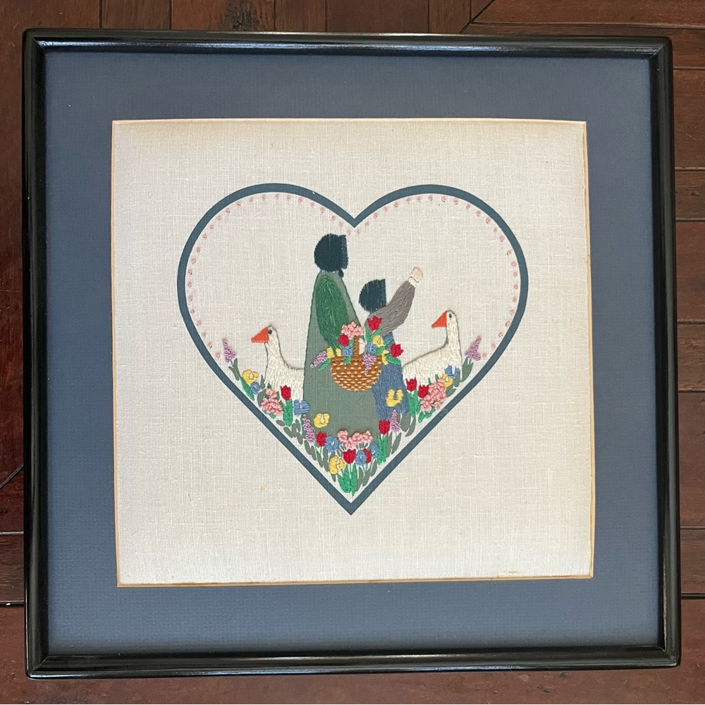 Vintage Framed Crewel Embroidery Picture